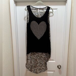 Women’s High-Low Tank Top - Sheer Leopard Back & Gold Sequin Heart (Size L)